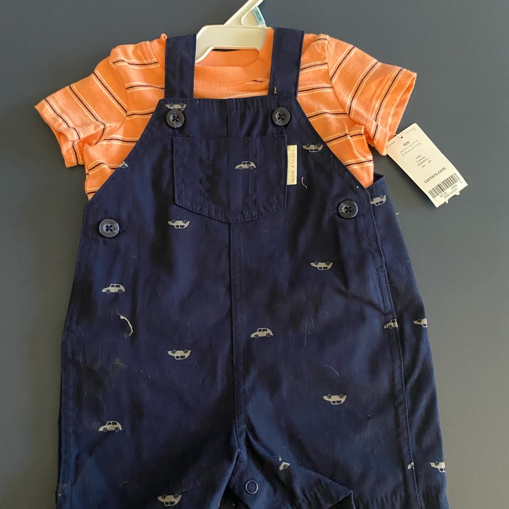 Navy Blue Kids Overalls with Orange Striped Shirt